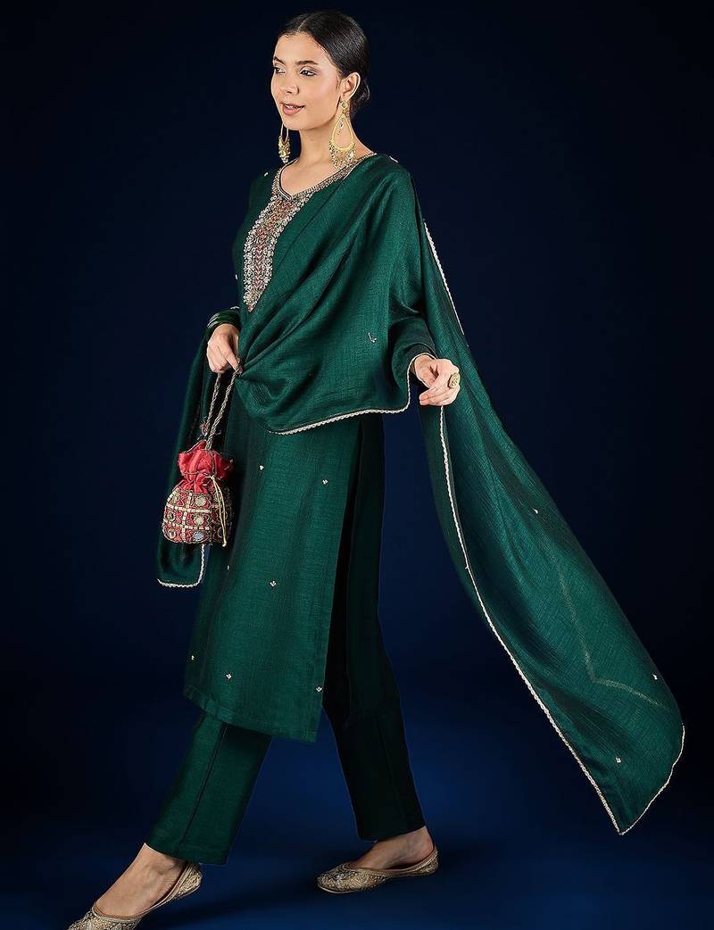 Floral Yoke Design Beads And Stones Kurta With Trousers & Dupatta