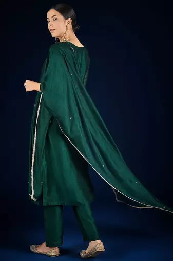 Floral Yoke Design Beads And Stones Kurta With Trousers & Dupatta