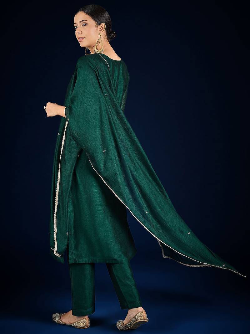 Floral Yoke Design Beads And Stones Kurta With Trousers & Dupatta