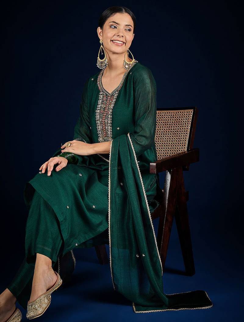 Floral Yoke Design Beads And Stones Kurta With Trousers & Dupatta