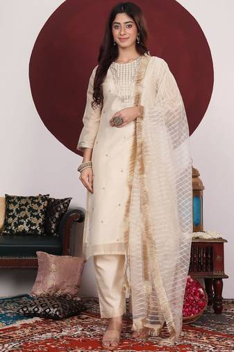Cream-Coloured Floral Embroidered Sequined Kurta With Palazzos & Dupatta