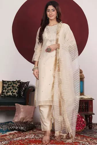 Cream-Coloured Floral Embroidered Sequined Kurta With Palazzos & Dupatta