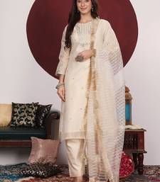 Cream-Coloured Floral Embroidered Sequined Kurta With Palazzos & Dupatta