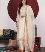 Cream-Coloured Floral Embroidered Sequined Kurta With Palazzos & Dupatta