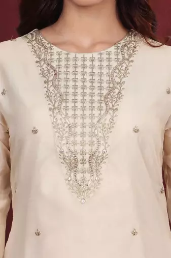 Cream-Coloured Floral Embroidered Sequined Kurta With Palazzos & Dupatta