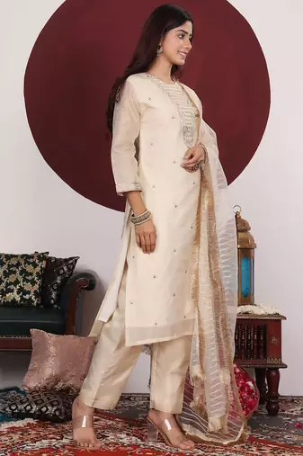 Cream-Coloured Floral Embroidered Sequined Kurta With Palazzos & Dupatta