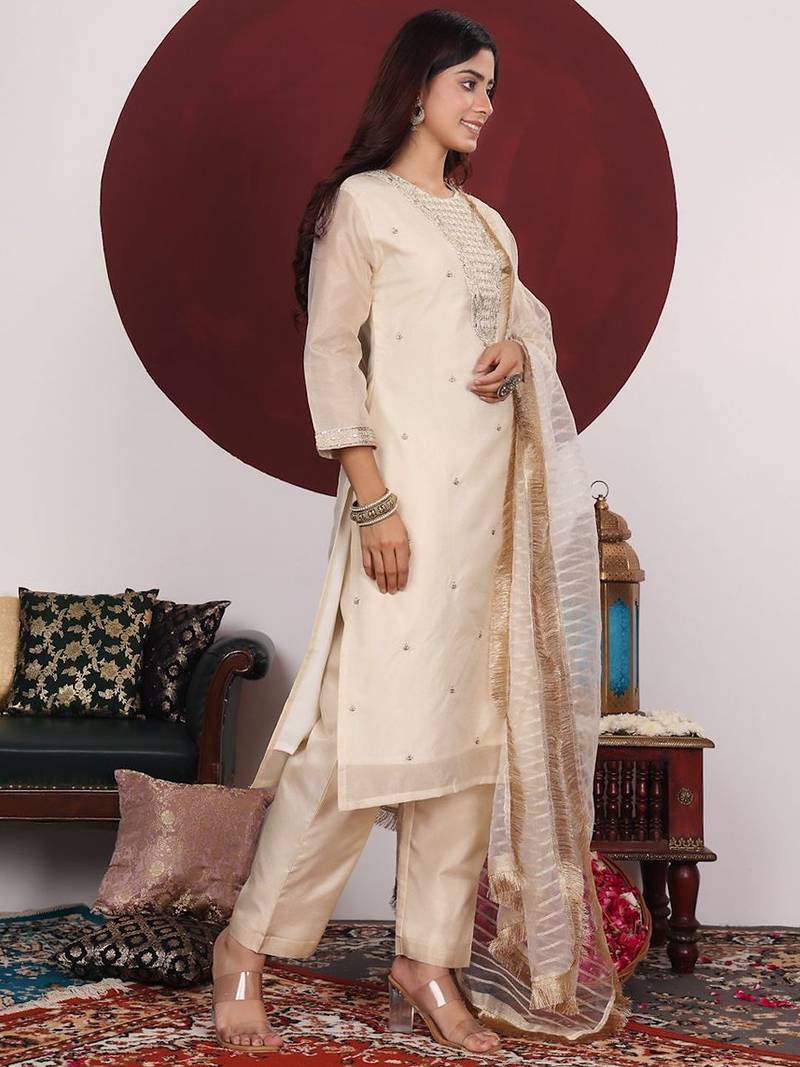 Cream-Coloured Floral Embroidered Sequined Kurta With Palazzos & Dupatta