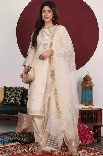 Cream-Coloured Floral Embroidered Sequined Kurta With Palazzos & Dupatta