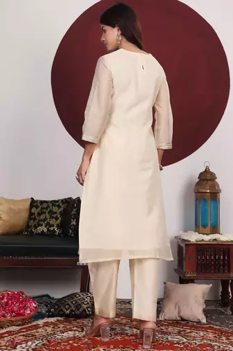 Cream-Coloured Floral Embroidered Sequined Kurta With Palazzos & Dupatta
