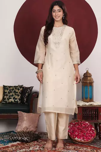 Cream-Coloured Floral Embroidered Sequined Kurta With Palazzos & Dupatta