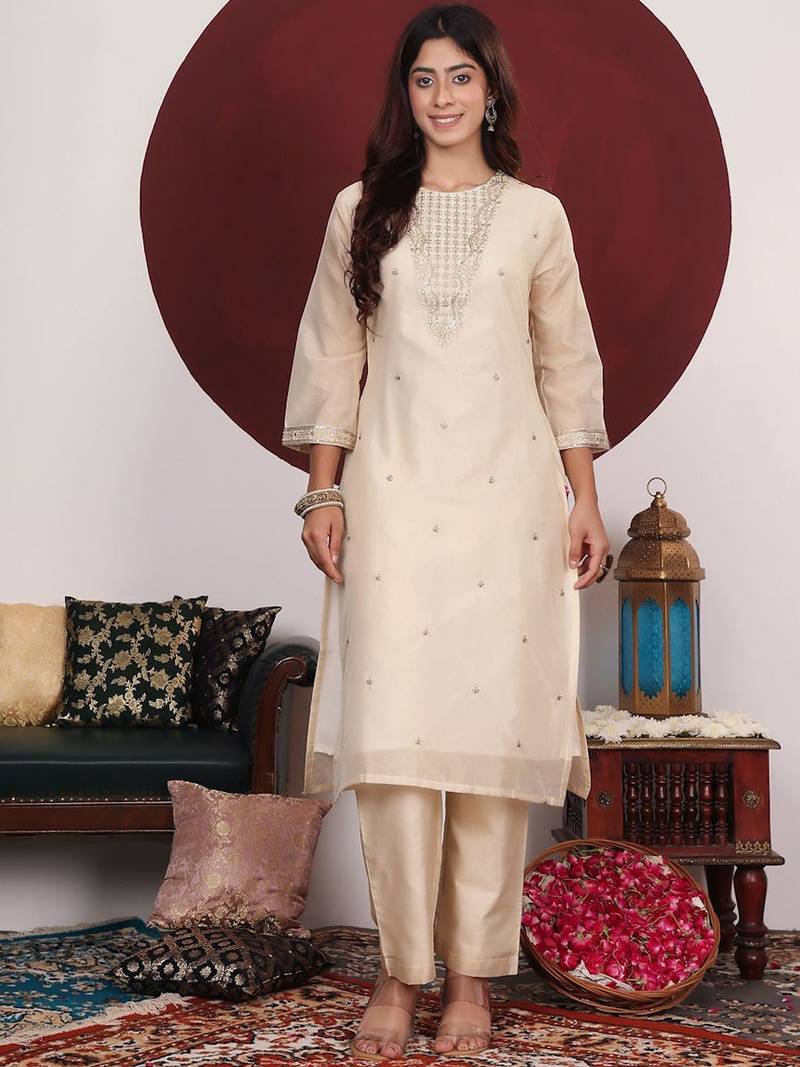 Cream-Coloured Floral Embroidered Sequined Kurta With Palazzos & Dupatta