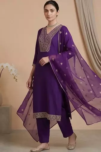 Women Ethnic Motifs Embroidered Regular Thread Work Kurta with Trousers & With Dupatta