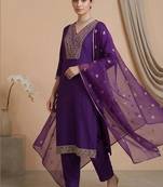 Women Ethnic Motifs Embroidered Regular Thread Work Kurta with Trousers & With Dupatta