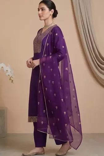 Women Ethnic Motifs Embroidered Regular Thread Work Kurta with Trousers & With Dupatta