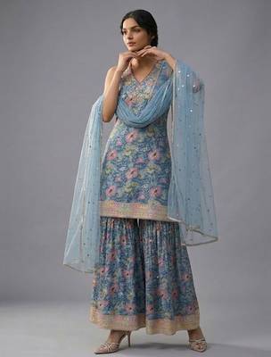 Women Floral Printed Regular Gotta Patti Kurta with Sharara & With Dupatta 1