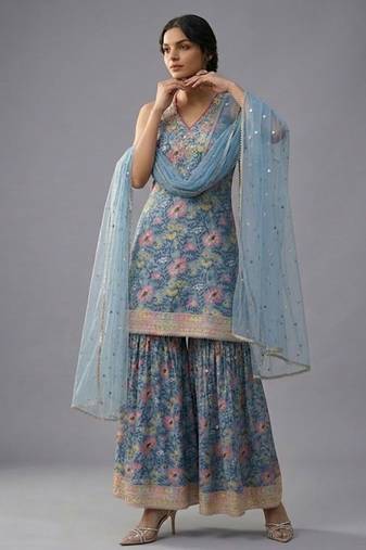 Women Floral Printed Regular Gotta Patti Kurta with Sharara & With Dupatta