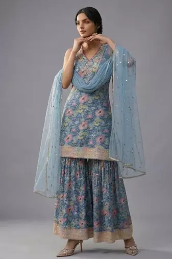 Women Floral Printed Regular Gotta Patti Kurta with Sharara & With Dupatta