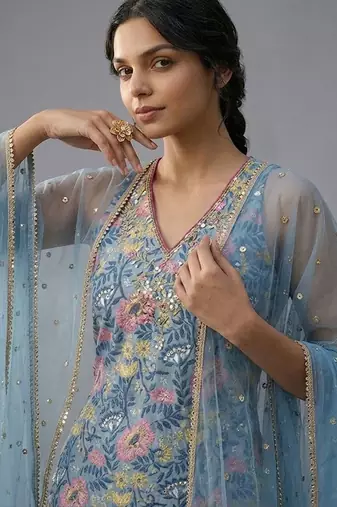Women Floral Printed Regular Gotta Patti Kurta with Sharara & With Dupatta
