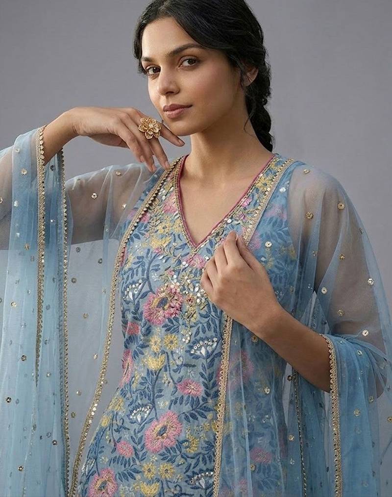 Women Floral Printed Regular Gotta Patti Kurta with Sharara & With Dupatta