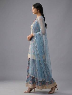 Women Floral Printed Regular Gotta Patti Kurta with Sharara & With Dupatta 3