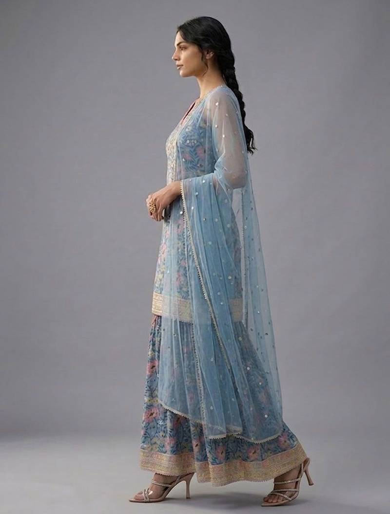 Women Floral Printed Regular Gotta Patti Kurta with Sharara & With Dupatta