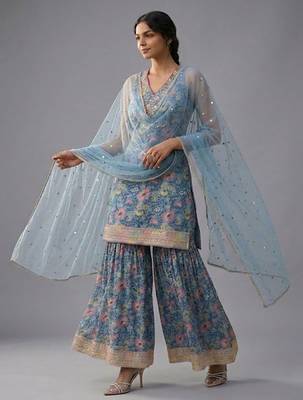 Women Floral Printed Regular Gotta Patti Kurta with Sharara & With Dupatta 5