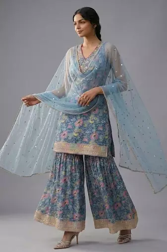 Women Floral Printed Regular Gotta Patti Kurta with Sharara & With Dupatta