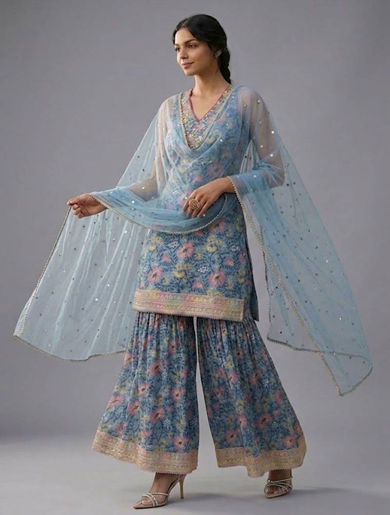 Women Floral Printed Regular Gotta Patti Kurta with Sharara & With Dupatta