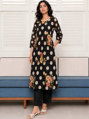Mul Cotton Polka Dot A Line Kurta With Trouser 1