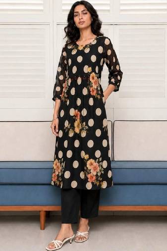 Mul Cotton Polka Dot A Line Kurta With Trouser