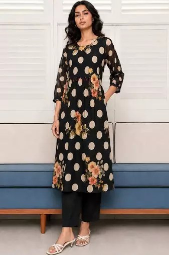 Mul Cotton Polka Dot A Line Kurta With Trouser