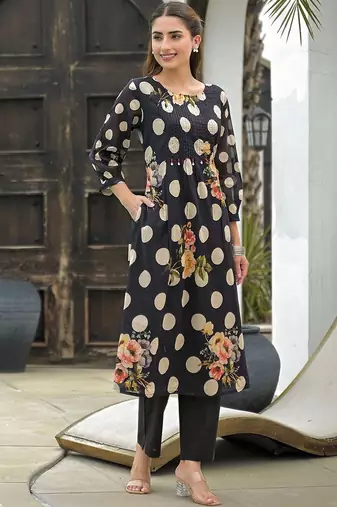 Mul Cotton Polka Dot A Line Kurta With Trouser