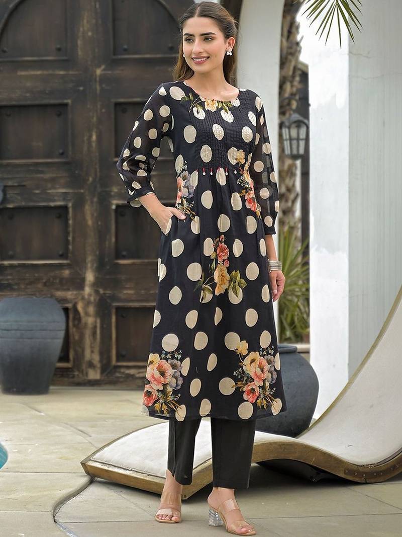 Mul Cotton Polka Dot A Line Kurta With Trouser