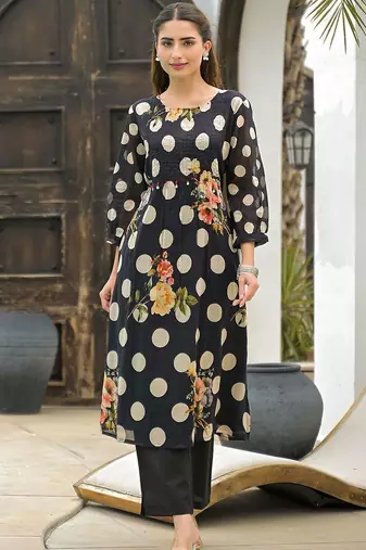 Mul Cotton Polka Dot A Line Kurta With Trouser