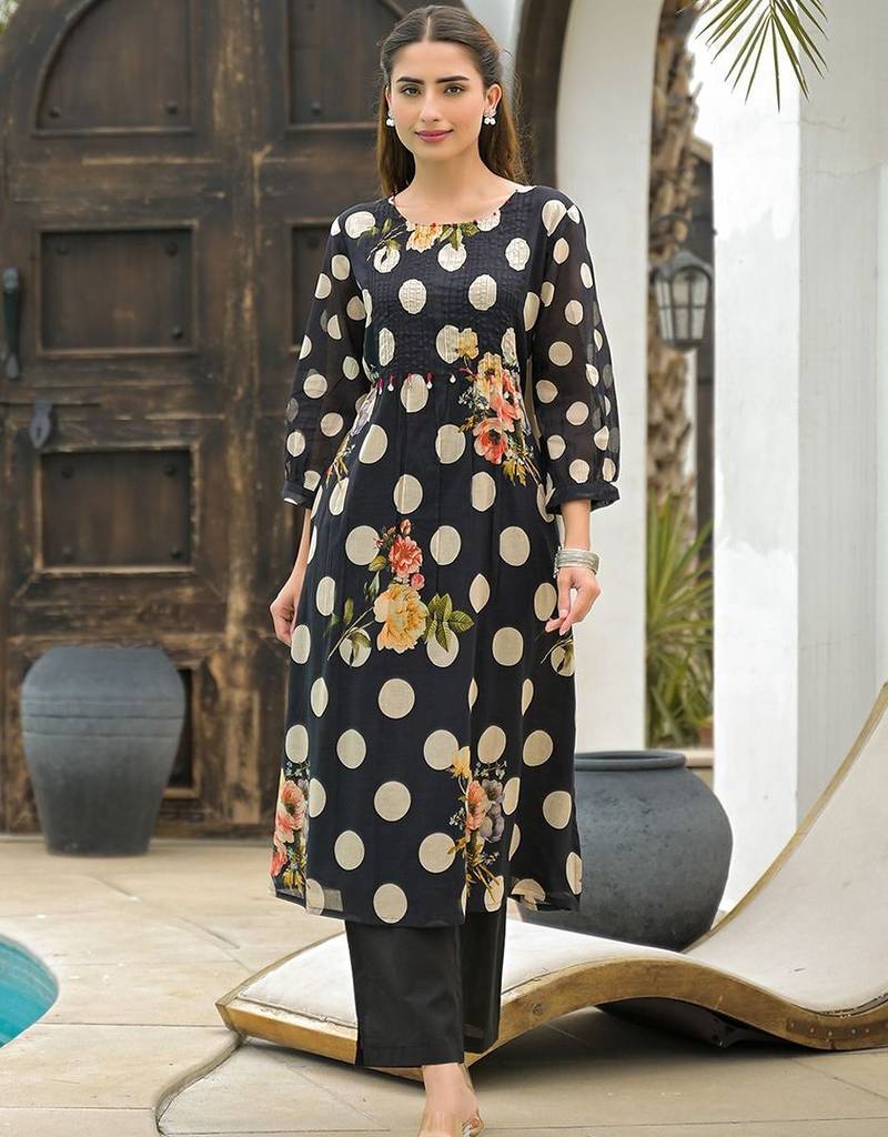 Mul Cotton Polka Dot A Line Kurta With Trouser
