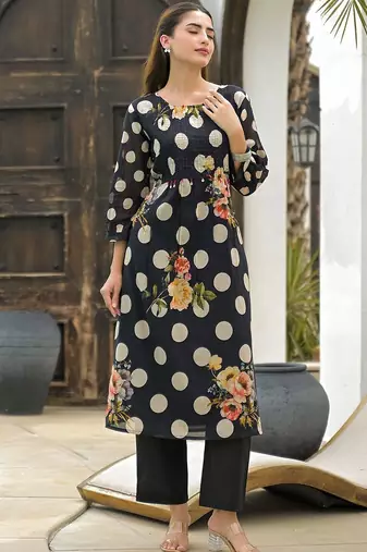 Mul Cotton Polka Dot A Line Kurta With Trouser