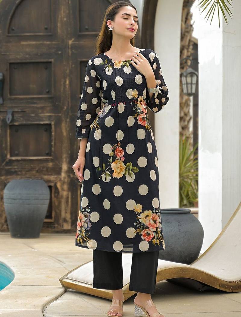 Mul Cotton Polka Dot A Line Kurta With Trouser