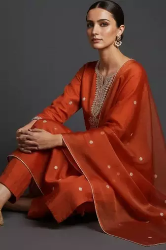 Ethnic Motifs Embroidered Regular Thread Work Kurta with Trousers & With Dupatta
