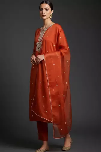 Ethnic Motifs Embroidered Regular Thread Work Kurta with Trousers & With Dupatta