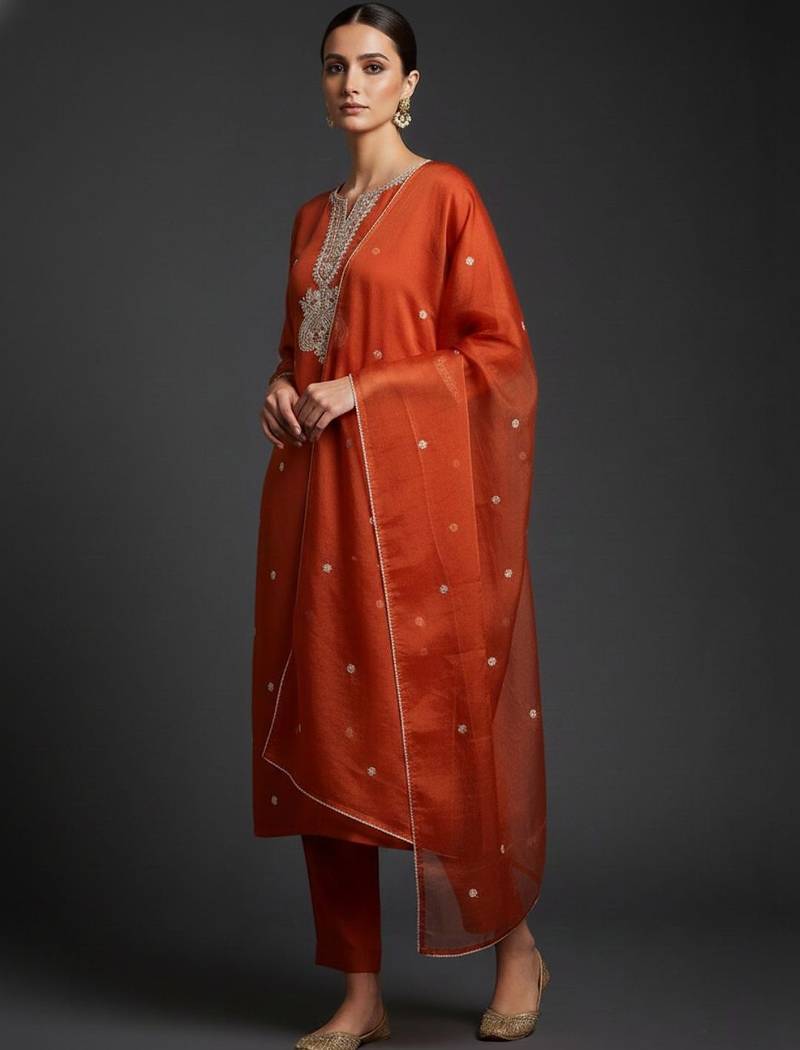 Ethnic Motifs Embroidered Regular Thread Work Kurta with Trousers & With Dupatta