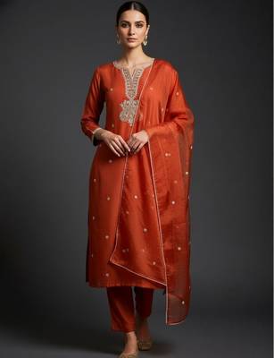 Ethnic Motifs Embroidered Regular Thread Work Kurta with Trousers & With Dupatta 6