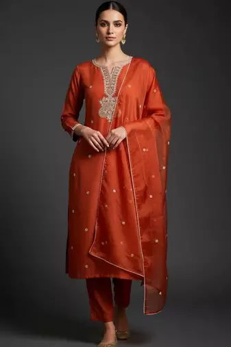 Ethnic Motifs Embroidered Regular Thread Work Kurta with Trousers & With Dupatta