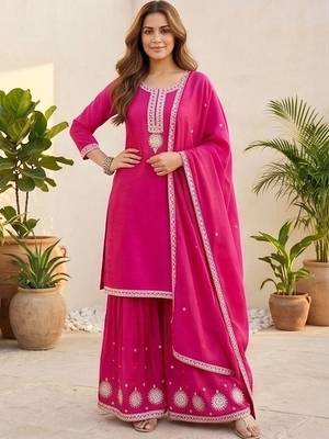 Women Ethnic Motifs Embroidered Regular Thread Work Kurta with Sharara & With Dupatta 1
