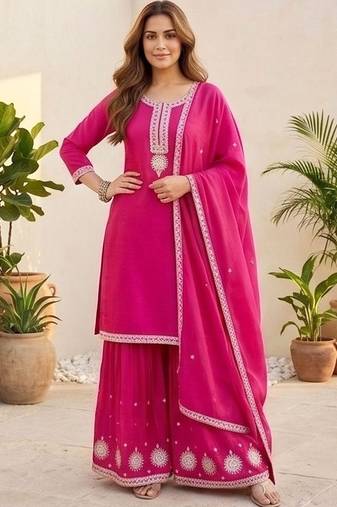 Women Ethnic Motifs Embroidered Regular Thread Work Kurta with Sharara & With Dupatta