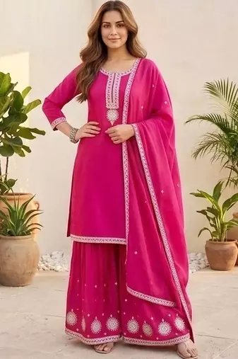 Women Ethnic Motifs Embroidered Regular Thread Work Kurta with Sharara & With Dupatta