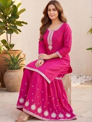 Women Ethnic Motifs Embroidered Regular Thread Work Kurta with Sharara & With Dupatta 2