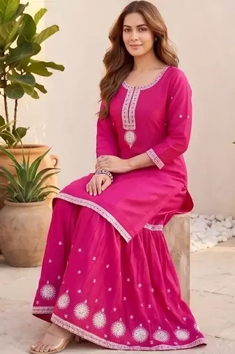 Women Ethnic Motifs Embroidered Regular Thread Work Kurta with Sharara & With Dupatta