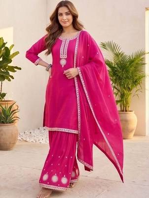 Women Ethnic Motifs Embroidered Regular Thread Work Kurta with Sharara & With Dupatta 4