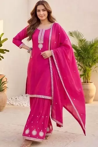 Women Ethnic Motifs Embroidered Regular Thread Work Kurta with Sharara & With Dupatta
