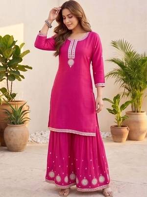 Women Ethnic Motifs Embroidered Regular Thread Work Kurta with Sharara & With Dupatta 6